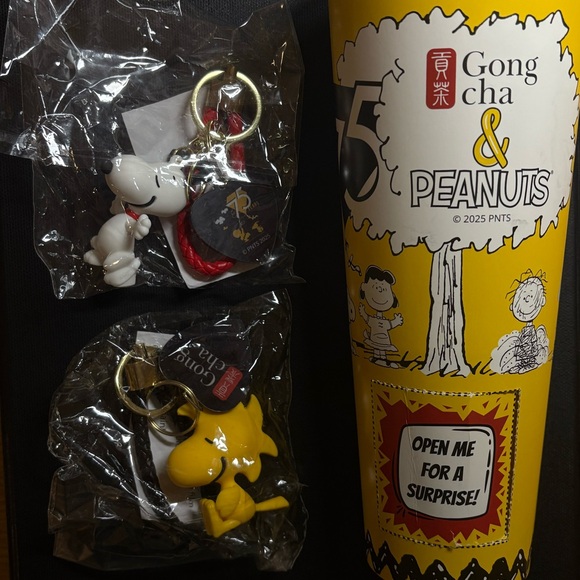 NEW Lot of 2 Gong cha x Peanuts Snoopy Woodstock Keychain Collectible Cup 75th